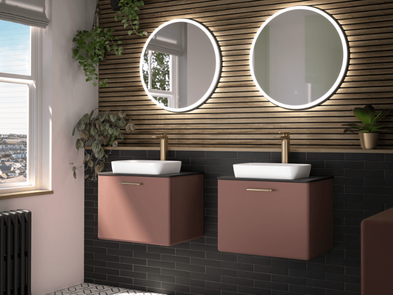 Blush bathroom sinks with light up vanity mirrors